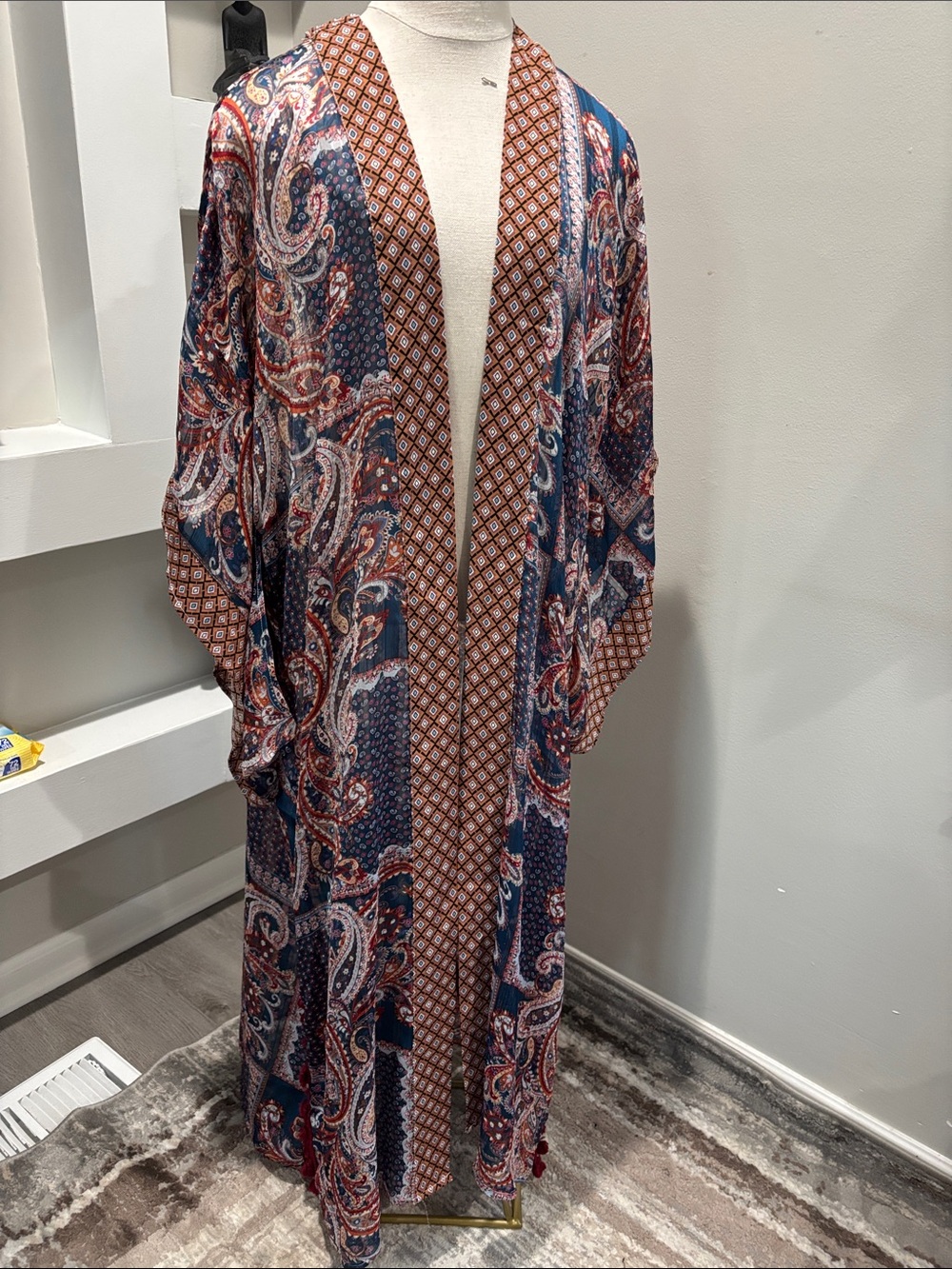 Paisley Long Kimono Duster - Blue & Brown
